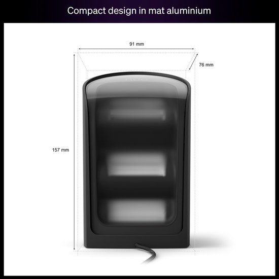 Dimensions d'une lampe de table Philips Hue Play noire avec abat-jour incurvé en verre.