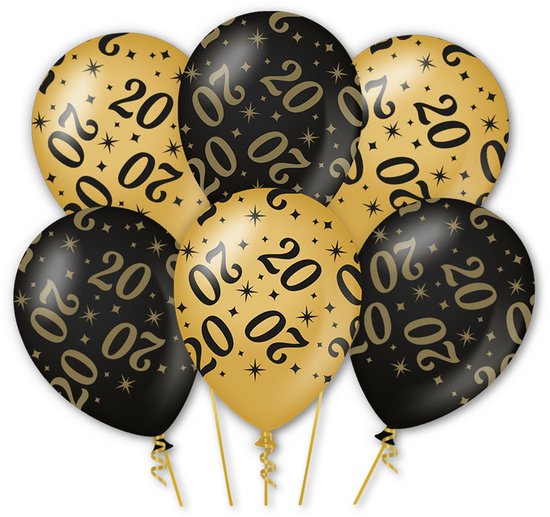 LUQ – Latex Ballonnen 20 Jaar – 6 Stuks – Zwart-Goud – Luxe Verjaardag Decoratie – Birthday Party – Helium Ready
