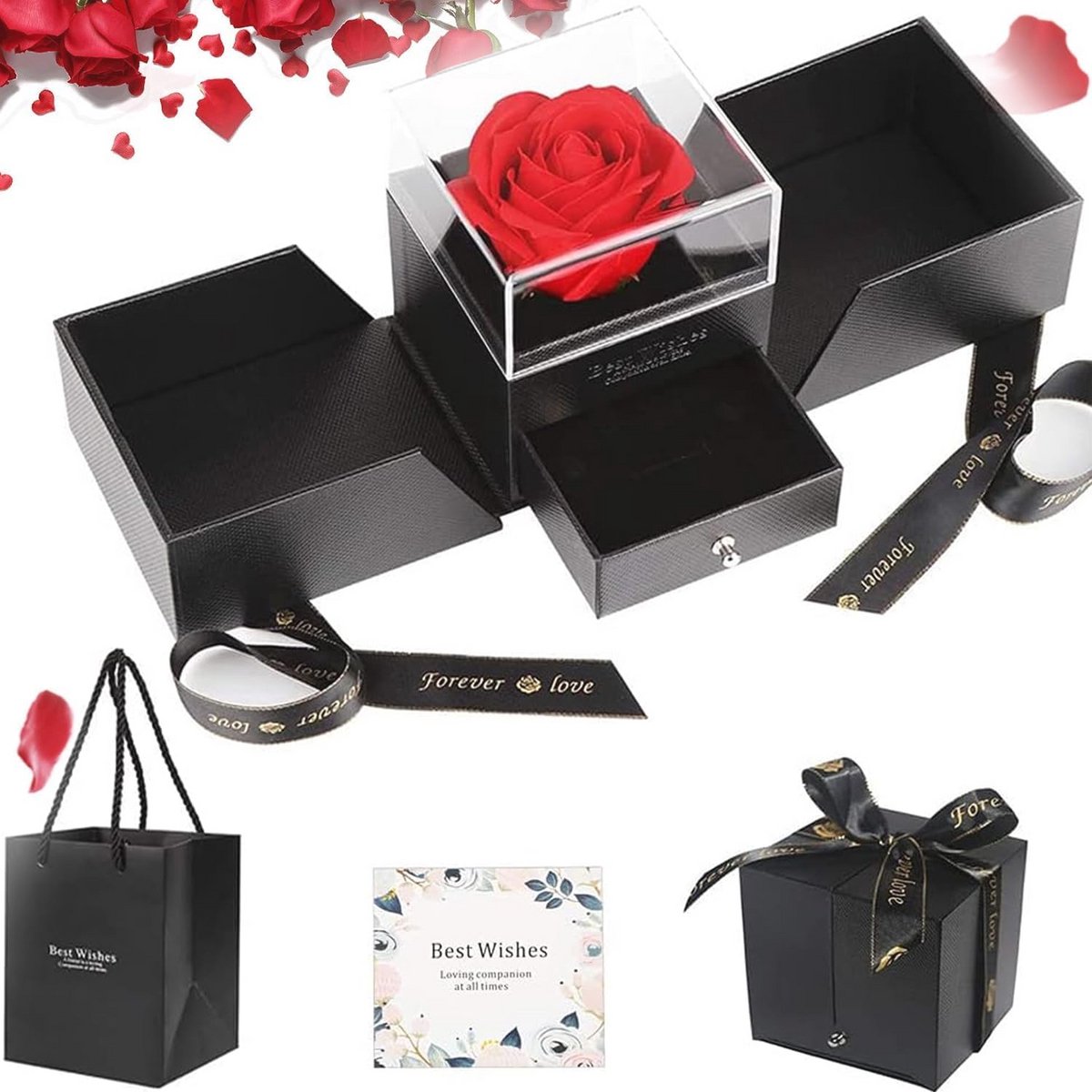 Eternelle Roos Geschenkdoos - Luxe Presentatie met Papieren Tas en Wenskaart voor Vrouwen - Perfect voor Valentijnsdag en Verjaardagen