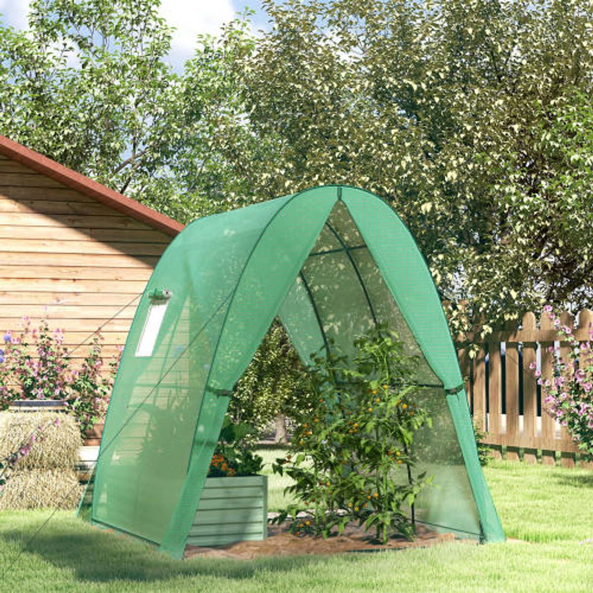 Kas met roldeur, 2 ramen, wintervaste kas van staalfolie, kas voor balkon, tuin, tomatenkas 180 x 180 x 200 cm, tomatenkas voor tomaten, groenten, bloemen, groen