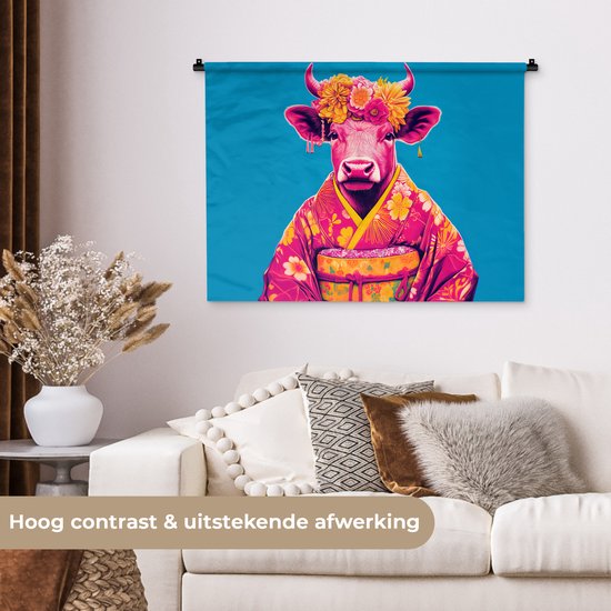 Wandkleed 90x67.5 cm - Wanddoek Koe - Bloemenkrans - Oorhangers - Kimono - Wandtapijt - Wandkleden