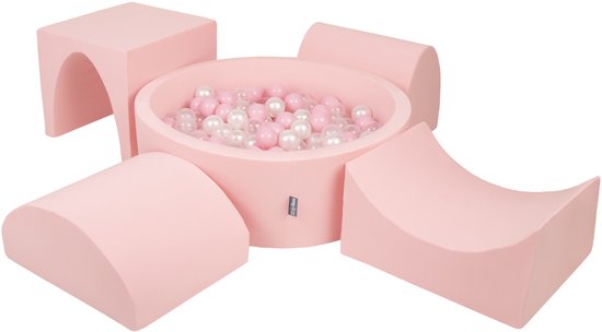 KiddyMoon Aire de jeux en mousse avec piscine à balles rondes (200 balles) piscine à balles pour bébé parcours d'obstacles, fabriquée en UE, rose: rose poudré/nacre/transparent