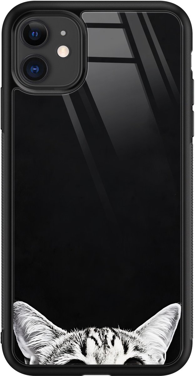 Hoesje geschikt voor Apple iPhone 11 - Kat kiekeboe - Zwart - TPU luxe case (glossy toplaag) - Print - Hardcase backcover zwart