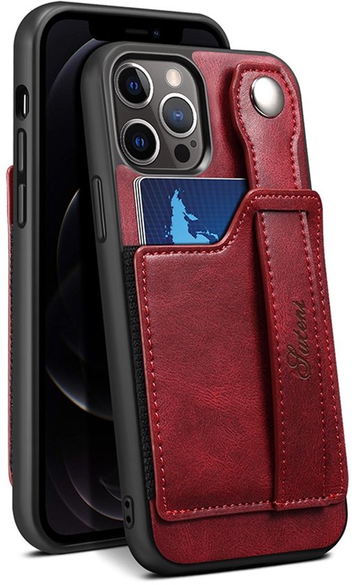 geschikt voor iPhone 13 Pro Max Pashouder Hoesje Retro Design - Vakje voor pasjes en slimme standaard - geschikt voor iPhone 13 Pro Max Portemonnee Hoesje - Vintage Backcover geschikt voor iPhone 13 Pro Max Wallet Case rood