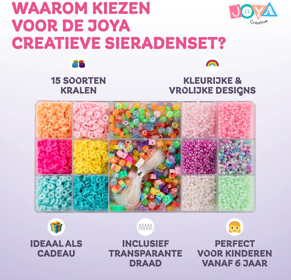 Sieraden Maken Set – Kralen Set voor Kinderen en Volwassenen – 15 Verschillende Kralen & Transparant Rijgdraad – Katsuki Kralen, Glas Kralen, Smiley Kralen, Letter Kralen, Bloemen Kralen – Armbandjes Maken voor Meisjes - Joya Creative — afbeelding 6