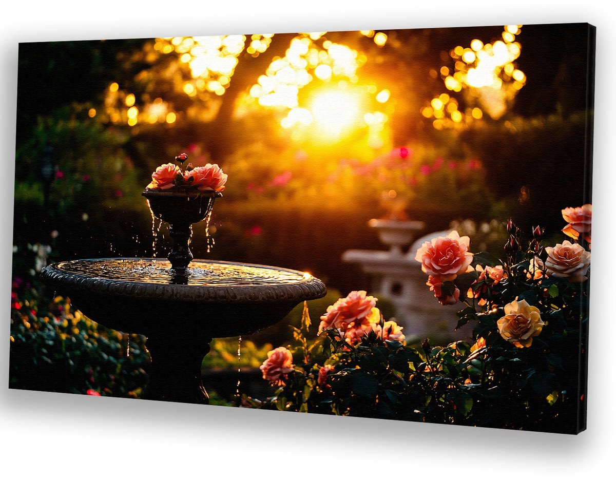 Romantische fontein in rozentuin - Rozen portret - Canvas fontein - Impressionisme - Moder