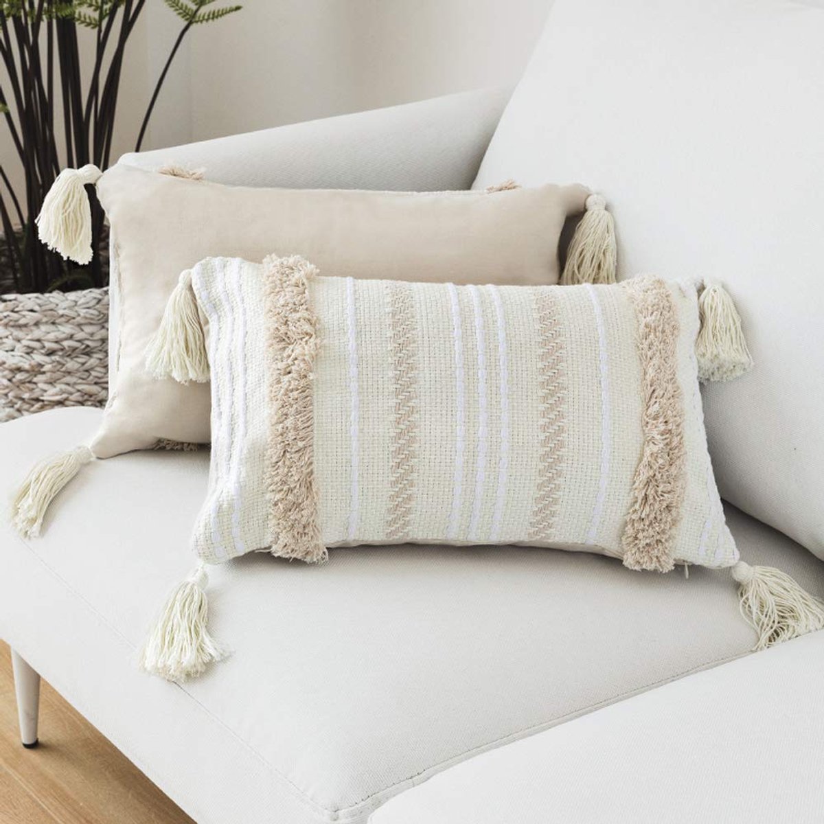 Ibenzoa Bohemian Stijl Decoratieve Kussensloop met Kwastjes in Zachte Geel- en Beigetinten voor Elke Ruimte beige en geel