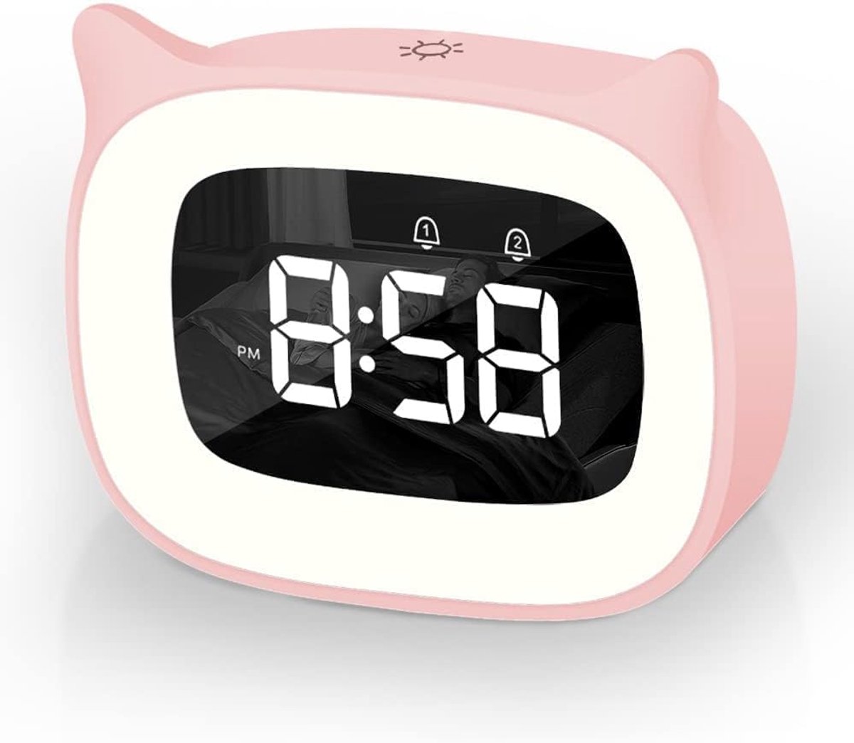 Digitale wekker voor kinderen met licht en muziek, snooze-functie, schattig design, tijdgestuurd nachtlampje, Roze