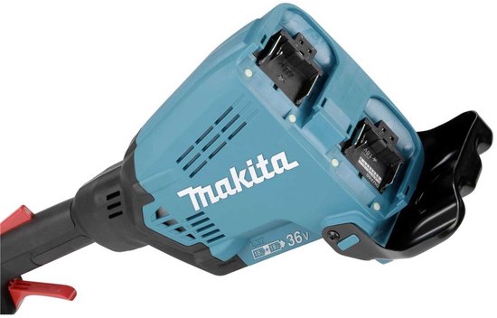Close-up van de turquoise Makita combisysteem body met twee batterij-ingangen en het logo.