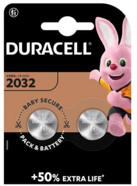 Duracell 2032 batterijen, baby secure pack. Roze konijn mascotte. +50% extra leven.