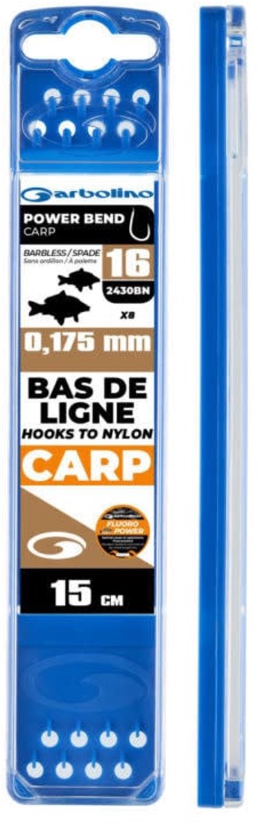Garbolino Hooks to Nylon Competition Power Bend Carp 15cm (8 pcs) - Maat : Haak 10 (2430BN) - 0.197mm Fluoro Power