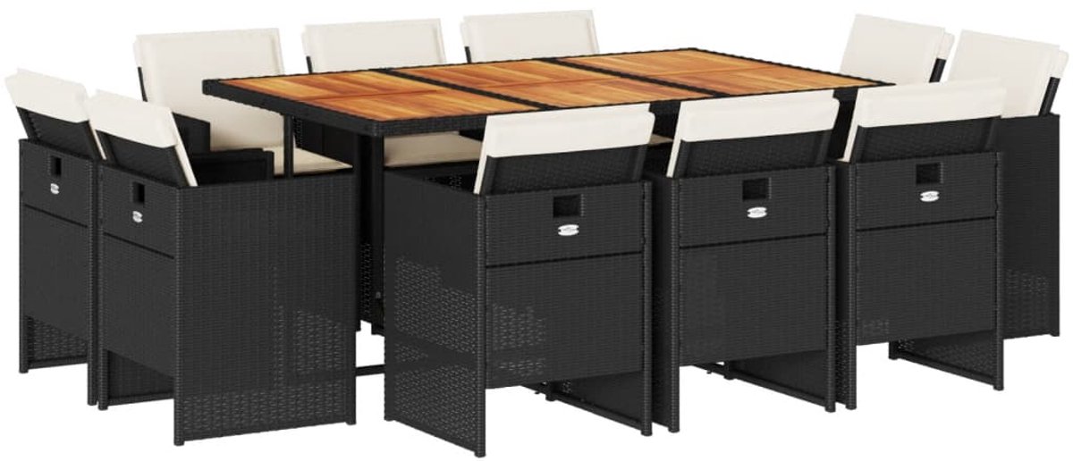 The Living Store 11-delige Tuinset met kussens poly rattan zwart - Tuinset - Buitenmeubel - Lounge Set - Eetkamerset - Patio Set
