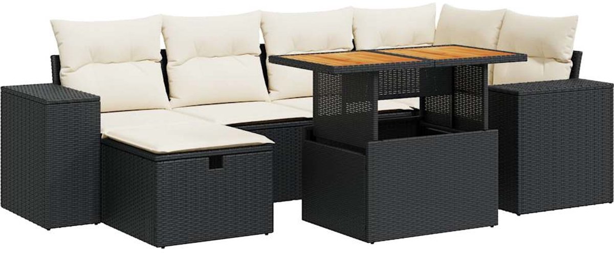 Zwarte poly rattan loungeset met kussens en acacia details.
