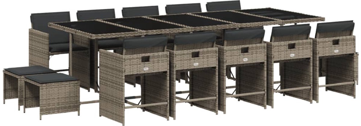 The Living Store 15-delige Tuinset met kussens poly rattan grijs - Tuinmeubel - Buitentijd - Lounge Set - Eetkamerset - Ratten Meubel