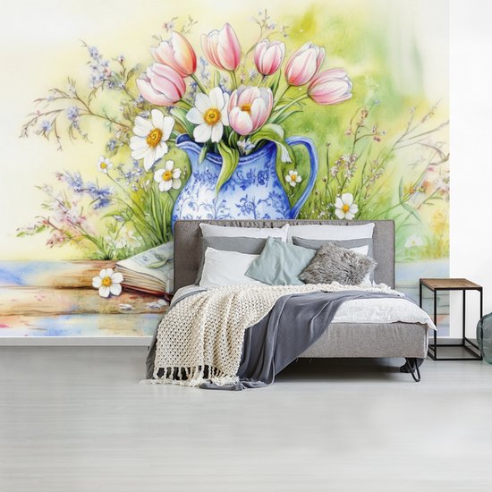 Behang - Fotobehang Vaas - Delftsblauw - Madeliefjes - Breedte 400 cm x hoogte 300 cm