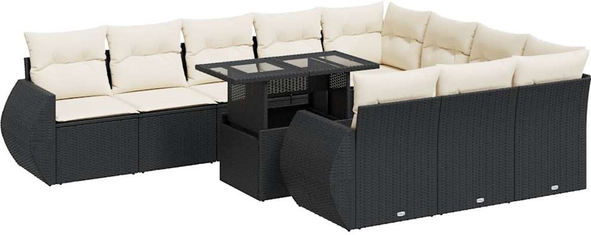 The Living Store 11-delige Loungeset met kussens poly rattan zwart - Loungebank - Lounge Set - Buitendecoratie - Tuinmeubelen - Tuinlounge