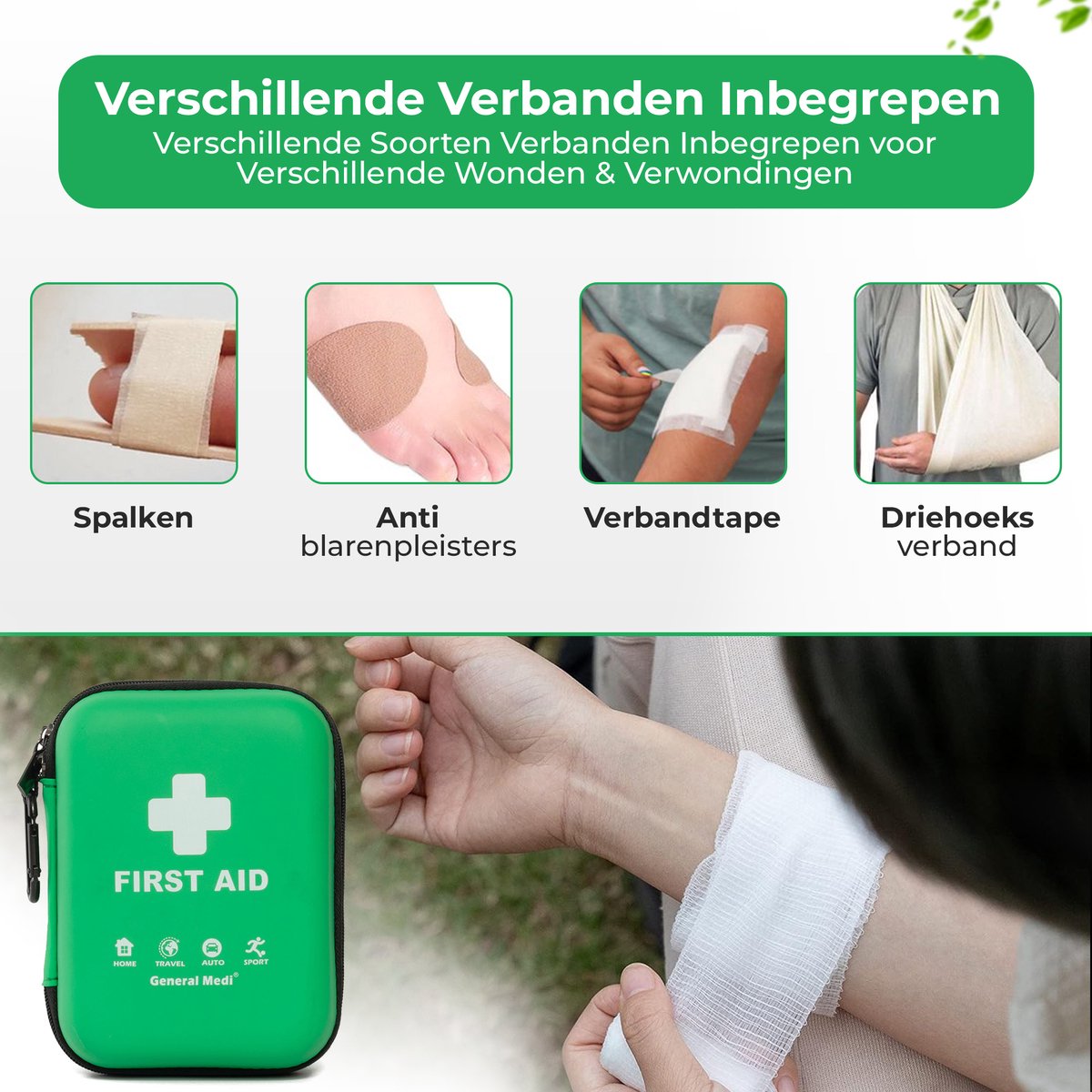General Medi Verbanddoos Thuis 170-delig Groen - EHBO Kit met Nooddeken - Waterdichte Tas voor Huis en Auto – foto 5