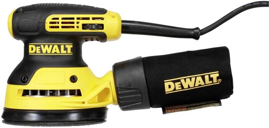 Gele DeWalt excentrische schuurmachine met zwarte handgreep en stofzak.