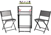 3-Delige Bistroset voor Tuin, Terras en Balkon Opvouwbaar – Stalen Balkonset 2 Personen – 1 Tafel met Rek + 2 Stoelen - Zwart