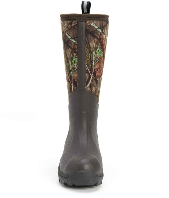 Vooraanzicht van bruine laars met hoge camouflage schacht.