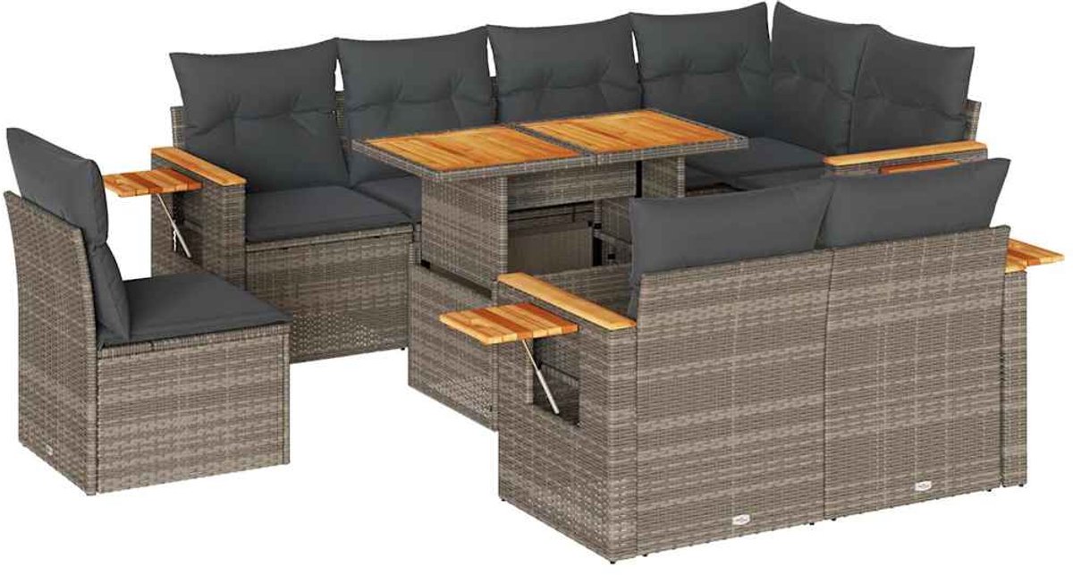 The Living Store 9-delige Loungeset met kussens poly rattan acacia grijs - Loungebank - Lounge Set - Tuinbank - Outdoor Furniture - Balkon Meubel