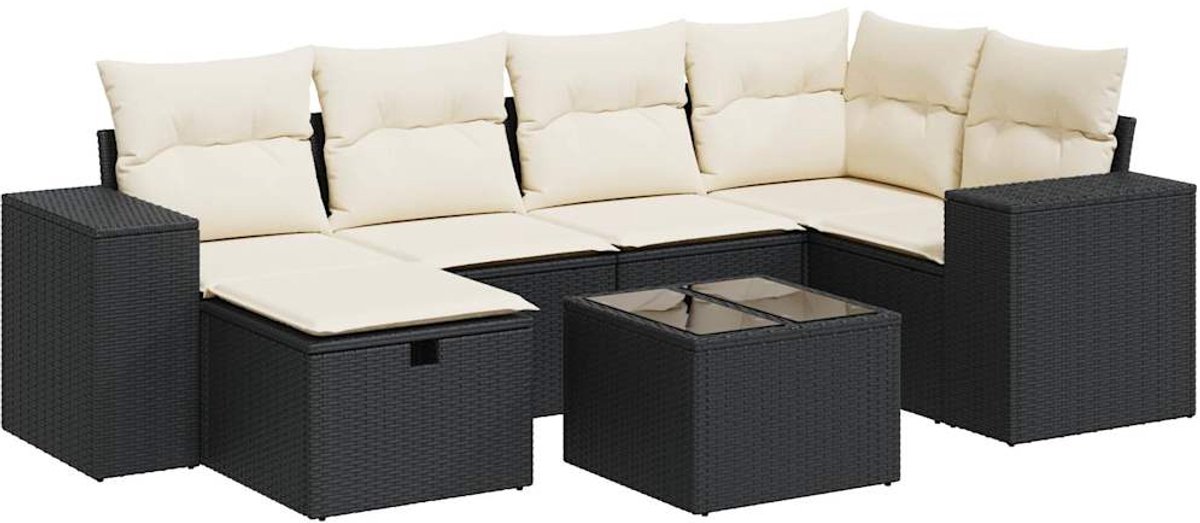 Zwarte poly rattan loungeset met kussens voor buiten - Tuinmeubelen.