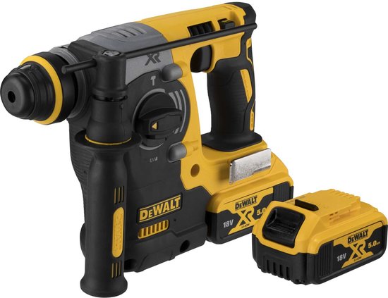 Gele en zwarte DeWalt SDS-plus combihamer met een 18V 5.0Ah accu.