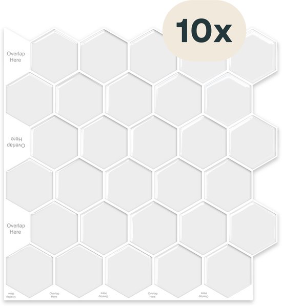Solusia Zelfklevende Plaktegels Wit – 10 Luxe Plaktegels voor Wand – Waterdichte Wandpanelen voor Keuken, Badkamer en Toilet – 30 x 30 cm – Makkelijk aan te brengen - Tegeltjes Tegelstickers - Hexagon Mozaïek