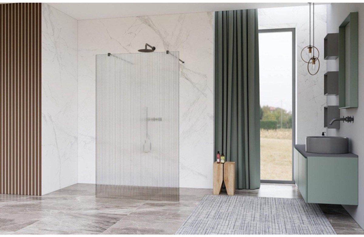 FugaFlow Eccelente Vetro Vrijstaande inloopdouche badkamer - 180x200cm - Helder geribbeld - antikalk - 8mm veiligheidsglas - met wandarmen - Gunmetal -