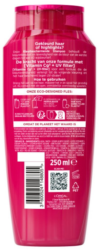 Achterkant van een Elvive Color Vive shampoo fles met productinformatie en 250ml vermelding.