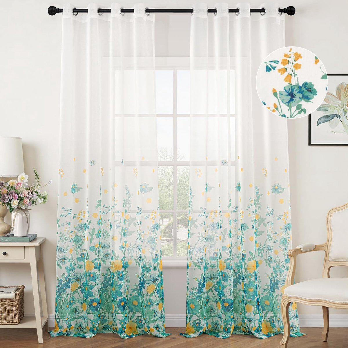 Ibenzoa® Transparante Turquoise Bloemen Voile Gordijnen voor Slaap- en Woonkamer - Set van 2 Stuks, 140 x 245 cm