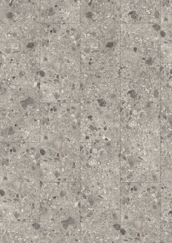 Grijze laminaatvloer met een zichtbare terrazzo-look van gebroken steentjes en stenen.