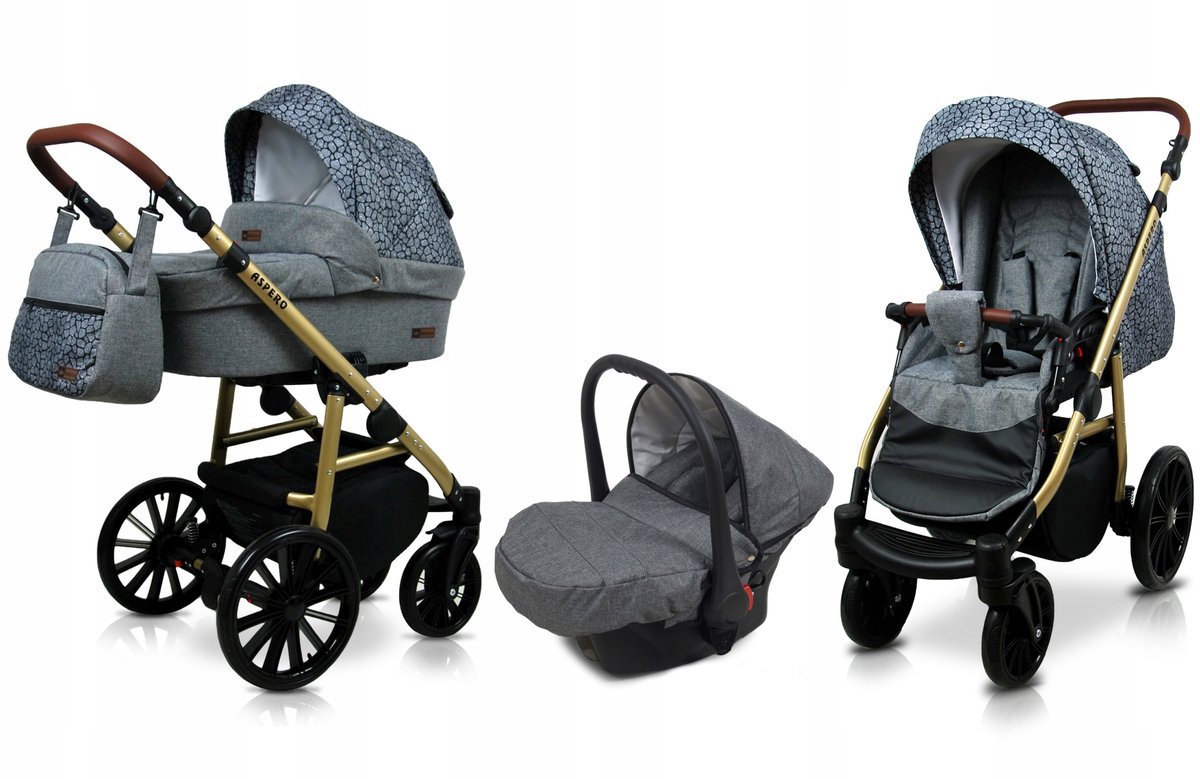 BabyLux® Kinderwagen 3in1 – ASPERO - SILVER STONE - Opklapbare Wandelwagen incl. Reiswieg, Multifunctionele Buggy Sportstoel, Autostoel - Combi-kinderwagen met Luiertas, Regenhoes, Klamboe, Bekerhouder, etc.
