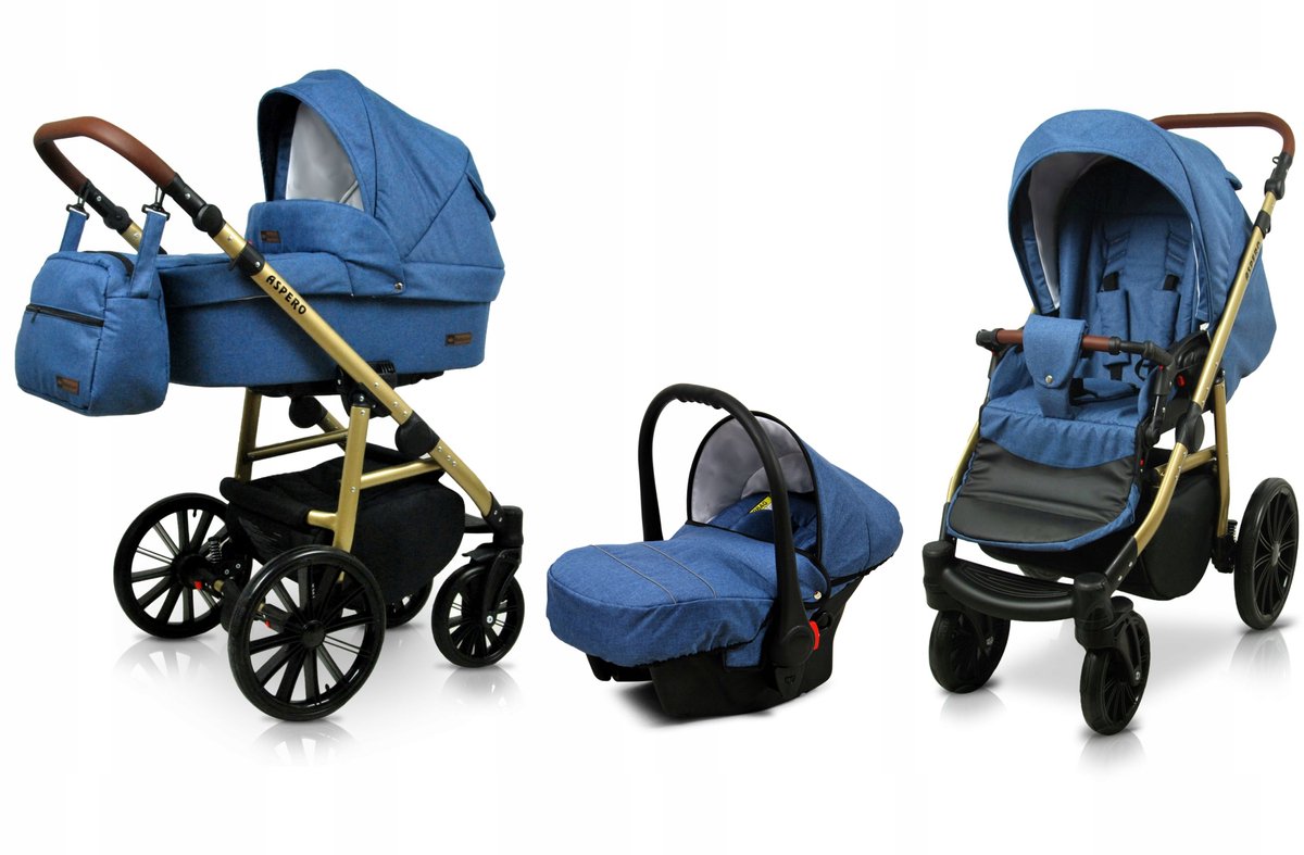BabyLux® Kinderwagen 3in1 – ASPERO - BLUE FLEX - Opklapbare Wandelwagen incl. Reiswieg, Multifunctionele Buggy Sportstoel, Autostoel - Combi-kinderwagen met Luiertas, Regenhoes, Klamboe, Bekerhouder, etc.