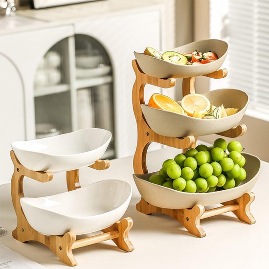 Fruitschaal - Fruitmand - Fruit Etagère 2 Laags - Metaal Met Hout