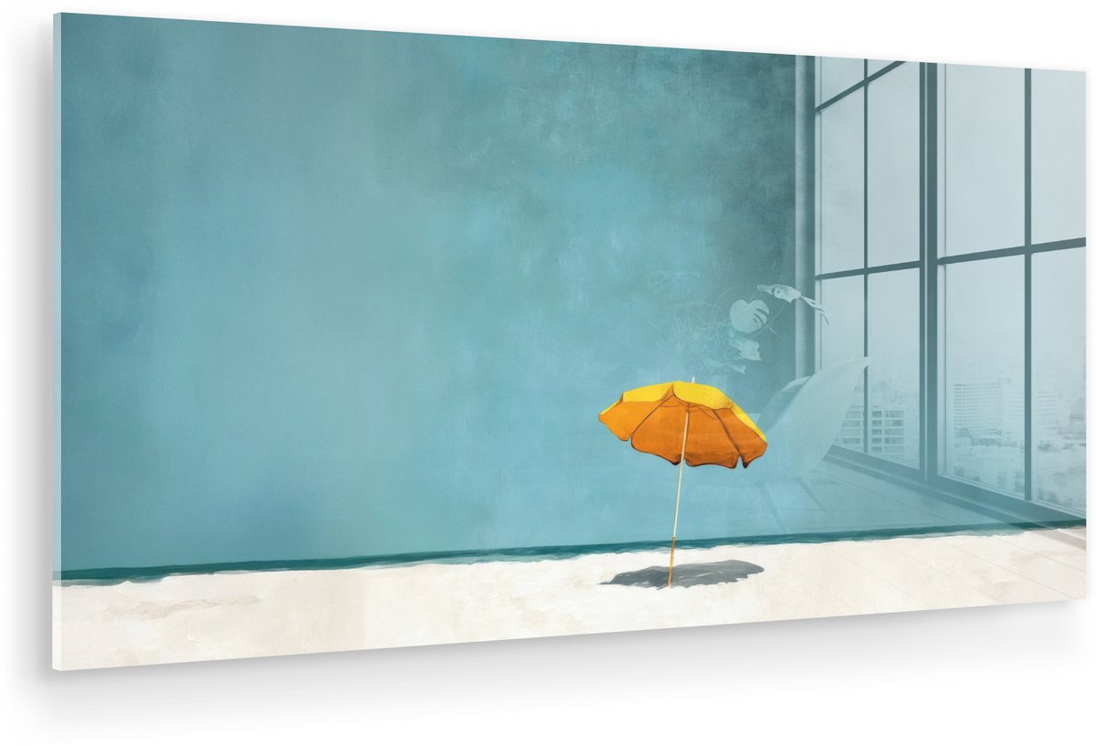 MuchoWow® Glasschilderij 40x20 cm - Schilderij acrylglas - Parasol - Geel - Strand - Zee -
