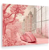 MuchoWow® Glasschilderij 120x90 cm - Schilderij acrylglas - City - Car - Pink - Foto op glas - Muurdecoratie woonkamer - Wanddecoratie slaapkamer - Schilderijen