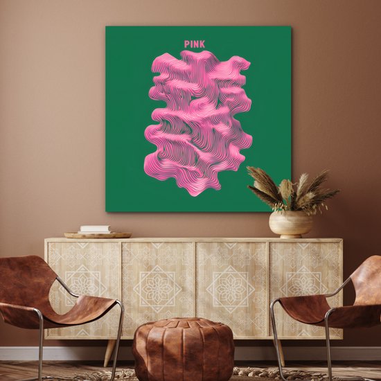 Aluminium schilderij 90x90 cm - Wanddecoratie metaal - Abstract - Pink - Lijnen - Groen - Metalen muurdecoratie woonkamer - Decoratie industrieel - Foto op dibond - Industriële accessoires slaapkamer
