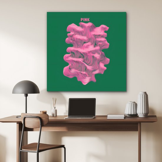Aluminium schilderij 90x90 cm - Wanddecoratie metaal - Abstract - Pink - Lijnen - Groen - Metalen muurdecoratie woonkamer - Decoratie industrieel - Foto op dibond - Industriële accessoires slaapkamer