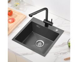 Auralum Spoelbak Keuken 45x45cm - Spoelbakken Keuken Antraciet - Wasbak Keuken - Met Kraangat - keuken gootsteen RVS Staal Incl. Sifon en Afvoerzeefje
