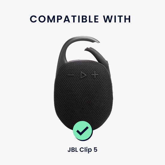 Zwarte speaker met handvat en een groen vinkje met de tekst 'JBL Clip 5'.