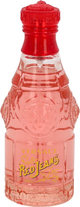 Glazen flesje Versace Red Jeans Woman eau de toilette met rode dop, gevuld met roze vloeistof.