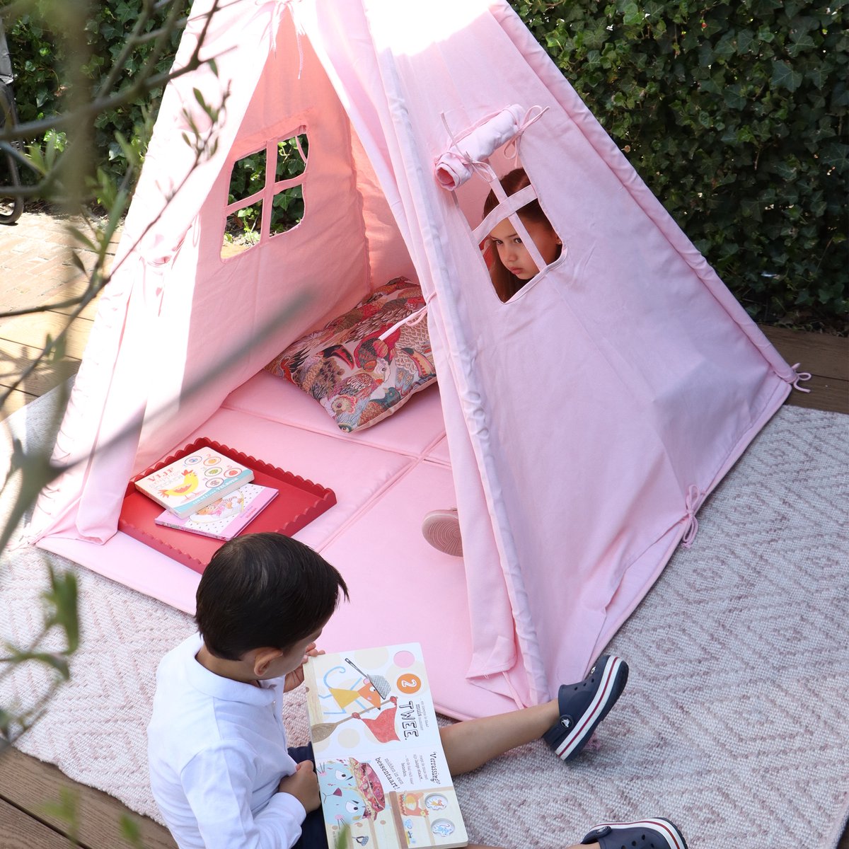 Sunny Alba Tipi Tent Pastel Roze - Wigwam Speeltent met ramen - 120x120x160cm - met Kussen kleed