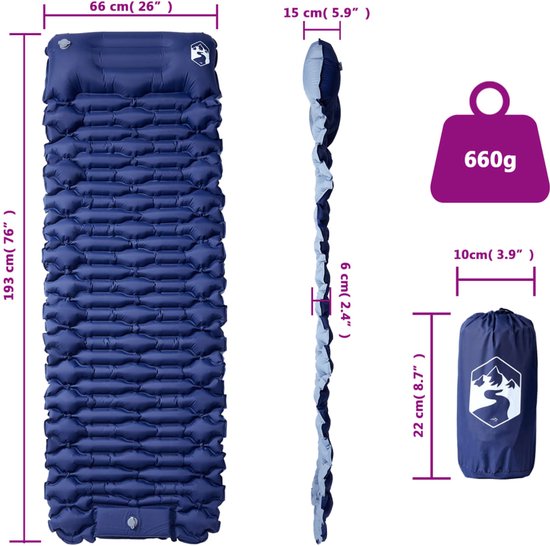 vidaXL - Kampeermatras - met - kussen - zelfopblazend - 1-persoons - marineblauw van Vidaxl — afbeelding 3