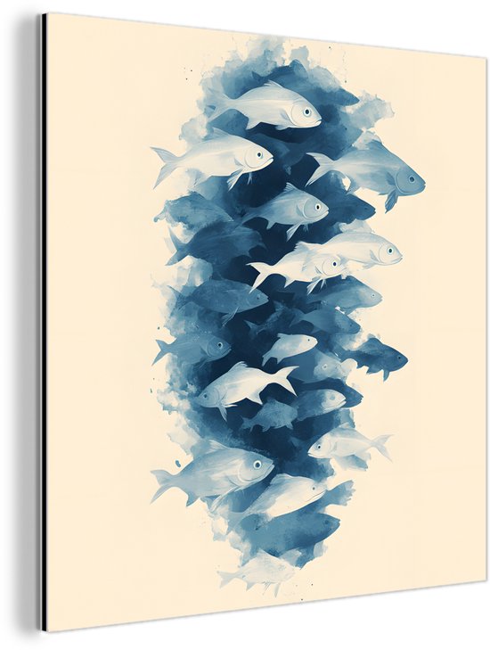 Aluminium schilderij 20x20 cm - Wanddecoratie metaal - Vissen - Minimalistisch - Blauw - Metalen muurdecoratie woonkamer - Decoratie industrieel - Foto op dibond - Industriële accessoires slaapkamer