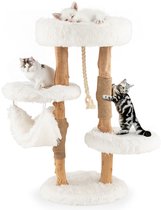 COSTWAY Krabpaal van hout, kattenboom met hangmat en sisaltouw en pluche zitvlakken, kattentoren met krabpalen van jute, massief hout, kattenkrabpaal, klimboom voor katten, wit