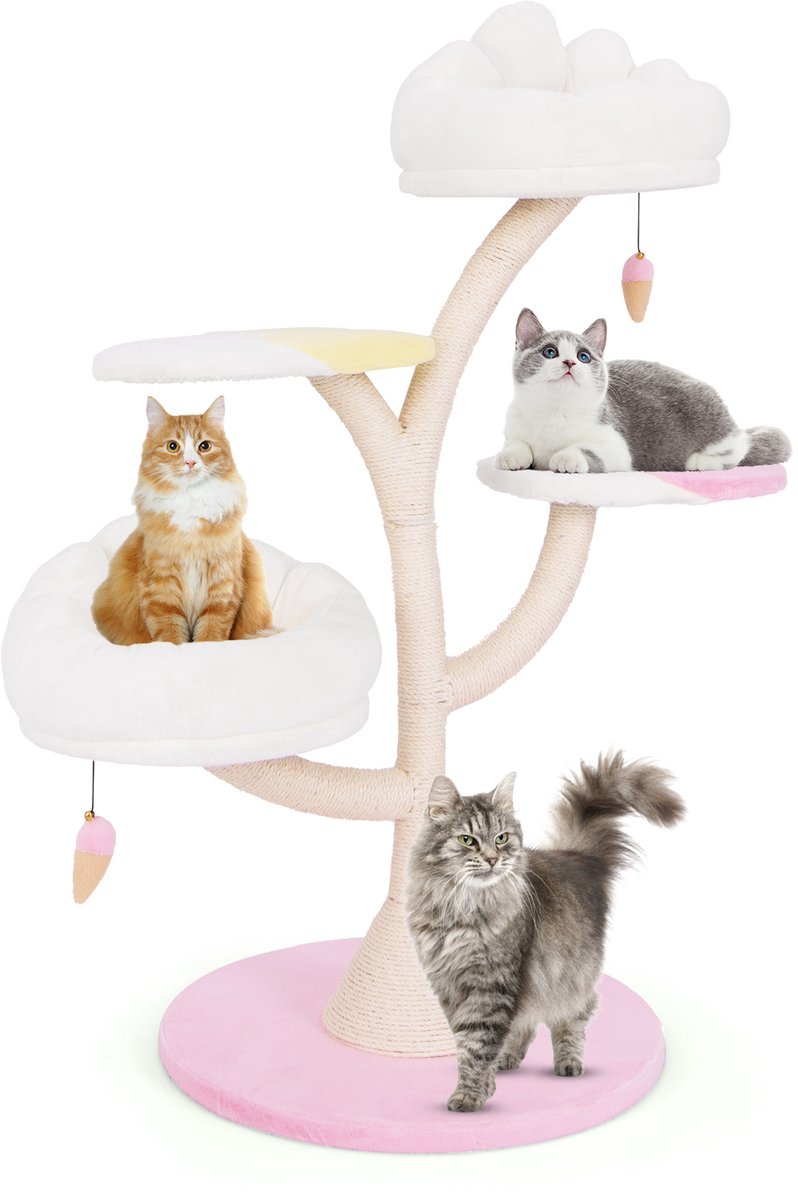 COSTWAY Krabpaal van hout, schattige kattenboom met 2 ligvlakken & 2 platforms & speelbal & sisalstammen, klimboom, kattenkrabpaal klein, kattentoren metalen frame, kattenmeubel voor katten, wit +