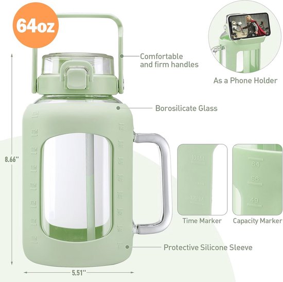 HYDRAGLAZIC 700 ml waterfles van glas met rietje en deksel, glazen fles met handvat, siliconen hoes met tijd- en waterindicator, BPA-vrij, paars