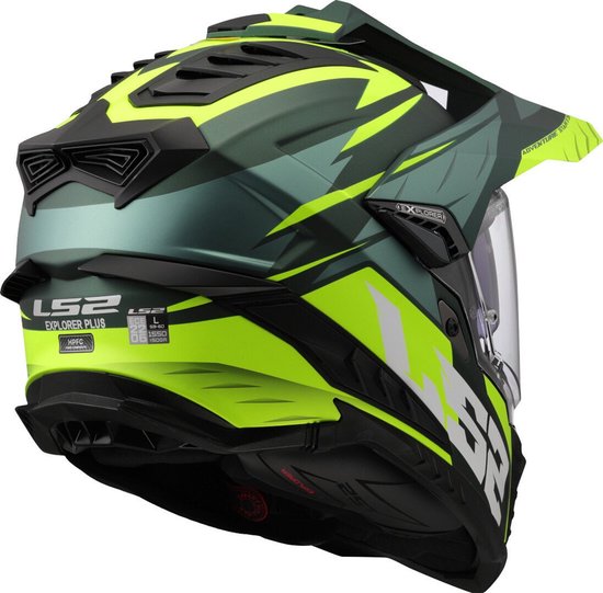 Casque de moto LS2 Explorer vert avec des accents jaunes. Vue arrière latérale.