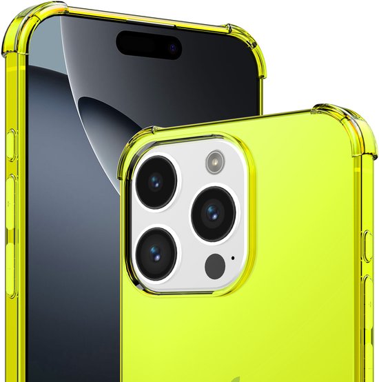 Neon gele, transparante telefoonhoes voor iPhone 16 Pro Max, close-up van camera-uitsparing.
